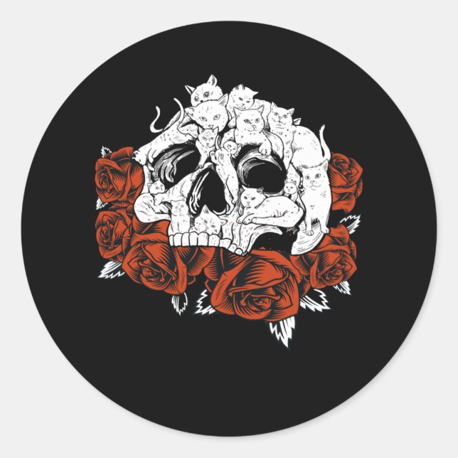 Cat Skull Roses Skeleton Kitten Classic Round Sticker (Front)