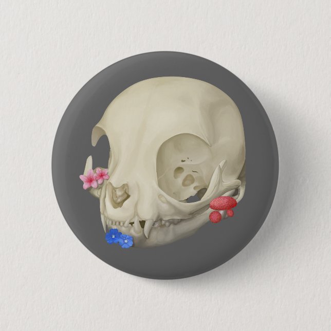 Cat Skull With Flora 2 Inch Round Button (Front)