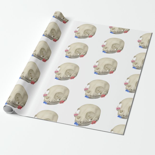 Cat Skull With Flora Wrapping Paper (Unrolled)