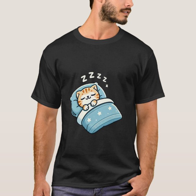 Cat Sleeping In Bed At Night Time T-Shirt (Front)