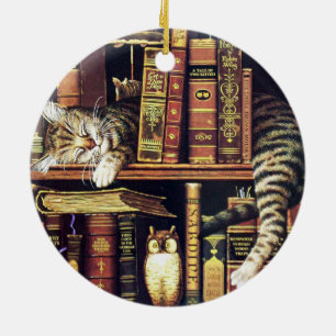Cat sleeping in librarian ceramic ornament