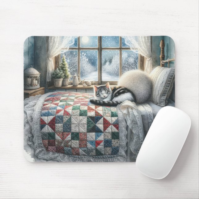 Cat Sleeping on Bed Quilt Mouse Pad (With Mouse)