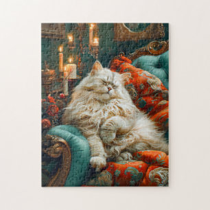 Cat Sleeping on Cozy Chair by Candlelight Jigsaw Puzzle