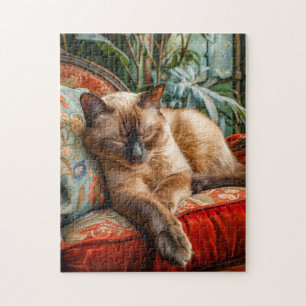 Cat Sleeping on Cozy Chair Jigsaw Puzzle