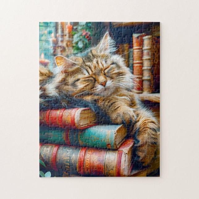 Cat Sleeping on Pile of Books Jigsaw Puzzle (Vertical)