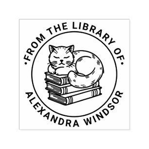 Cat Sleeping on Pile of Books - Library Book Name Self-inking Stamp
