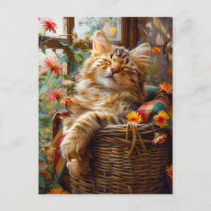 Cat Sleeping on Window Sill Among Flower Postcard