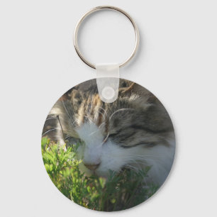 Cat Smelling a Plant Keychain