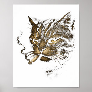 Cat Smoking Cigarette Retro Sketch Funny Meme For Poster