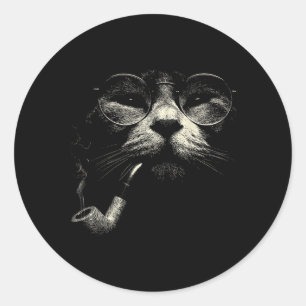 Cat Smoking Pipe Glasses Vintage Meme Grunge 90s Classic Round Sticker