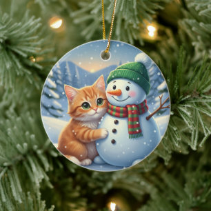 Cat & Snowman Friends Christmas Winter Companion Ceramic Ornament