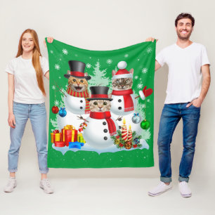 Cat Snowman Santa Christmas Light Cat Mom Cat Dad Fleece Blanket
