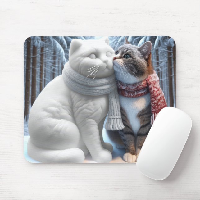 Cat Snuggling With a Snow Cat Sculpture Mouse Pad (With Mouse)