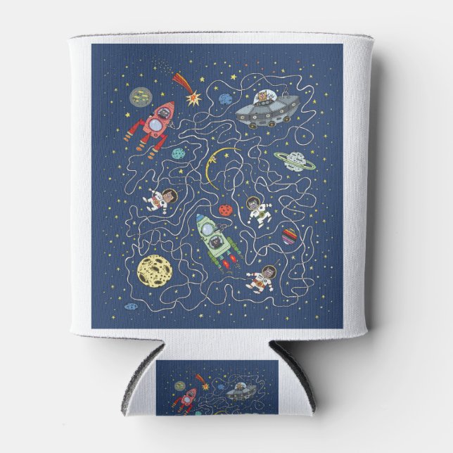 Cat Space Astronaut Rocket Maze Puzzle Mystery Can Cooler (Front)