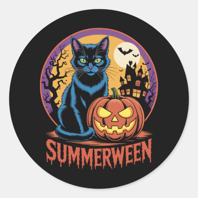 Cat Spooky Summerween Vibes Classic Round Sticker (Front)