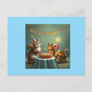 Cat,squirrel and turtle happy birthday fantasy holiday postcard