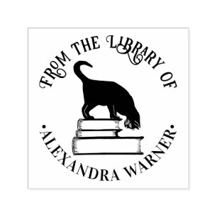 Cat Standing on Books Round Library Book Name Self-inking Stamp