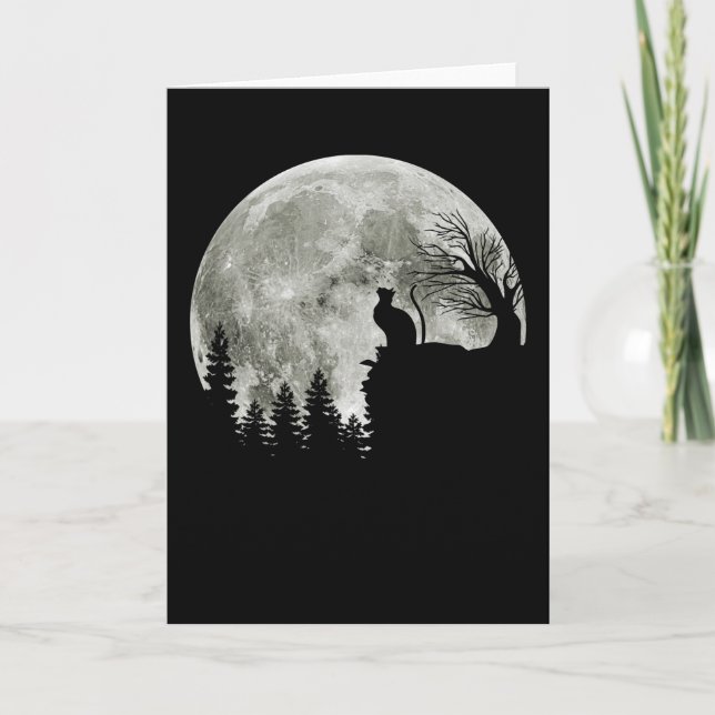 Cat Standing On Mountain Moonlight Halloween Card (Front)