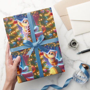 Cat Standing On Sofa To Decorate Christmas Tree Wrapping Paper
