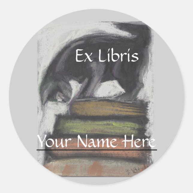 Cat Standing on Stack of Books - original Art Classic Round Sticker (Front)