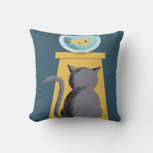 Cat staring down goldfish cute house throw pillow