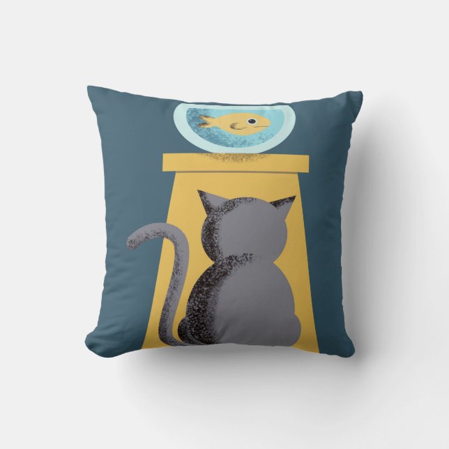 Cat staring down goldfish cute house throw pillow (Front)