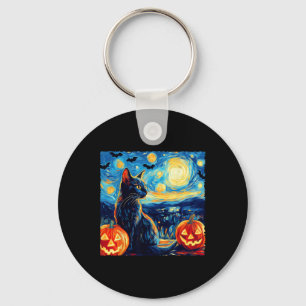 Cat Starry Night Van Gogh Cat Lover Bats Pumpkins Keychain