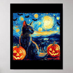 Cat Starry Night Van Gogh Cat Lover Bats Pumpkins Poster