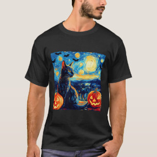 Cat Starry Night Van Gogh Cat Lover Bats Pumpkins  T-Shirt