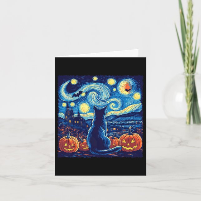 Cat Starry Night Van Gogh Cat Lovers Bats Pumpkins Card (Front)