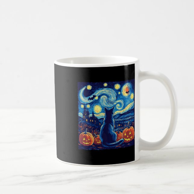 Cat Starry Night Van Gogh Cat Lovers Bats Pumpkins Coffee Mug (Right)