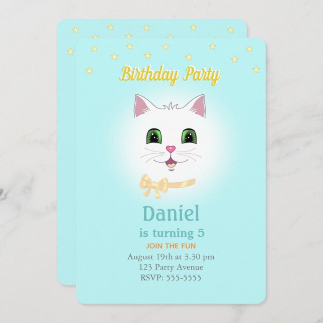 Cat & Stars on Light Blue Boy Birthday Invitation (Front/Back)