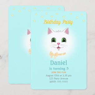 Cat & Stars on Light Blue Boy Birthday Invitation