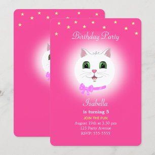 Cat & Stars on Pink Girl Birthday Invitation