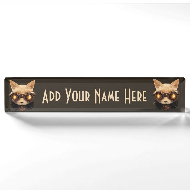 Cat Steampunk Gothic Retro Kitty Portrait Nameplate (Front)