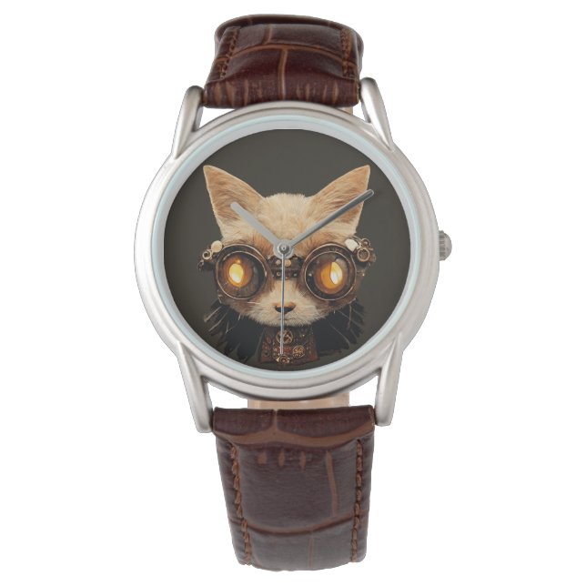 Cat Steampunk Gothic Retro Kitty Portrait Watch (Front)