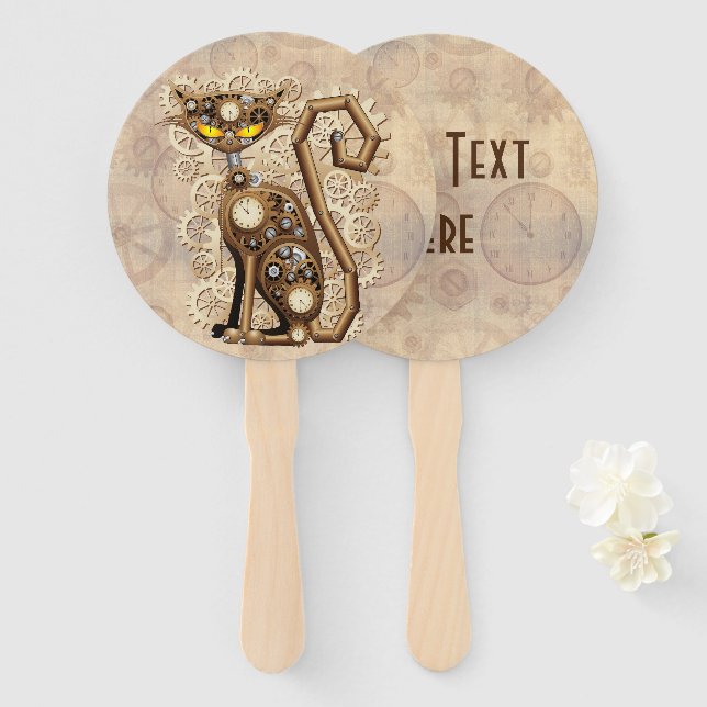 Cat Steampunk Vintage Retro Style Machine  Hand Fan (Front and Back)