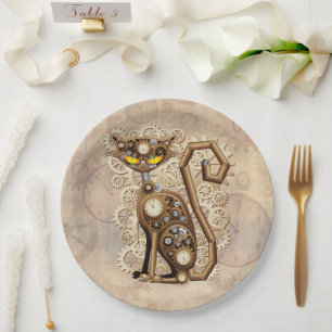 Cat Steampunk Vintage Retro Style Machine  Paper Plate