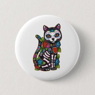 Cat Sugar Skull Mexico Calavera Dia De Los Muertos 2 Inch Round Button