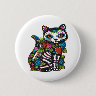 Cat Sugar Skull Mexico Calavera Dia De Los Muertos 2 Inch Round Button