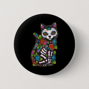 Cat Sugar Skull Mexico Calavera Dia De Los Muertos 2 Inch Round Button