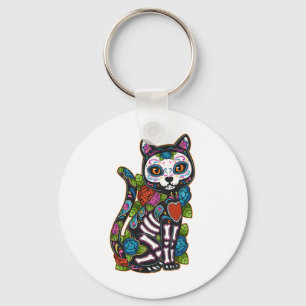 Cat Sugar Skull Mexico Calavera Dia De Los Muertos Keychain