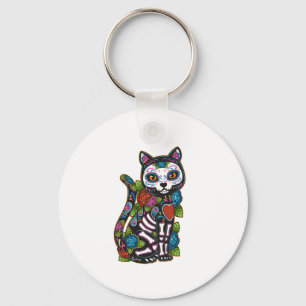 Cat Sugar Skull Mexico Calavera Dia De Los Muertos Keychain