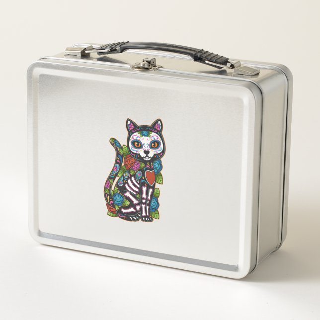Cat Sugar Skull Mexico Calavera Dia De Los Muertos Metal Lunch Box (Front)