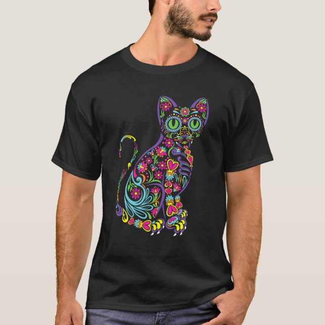 Cat Sugar Skull Mexico Calavera Dia De Los Muertos T-Shirt (Front)