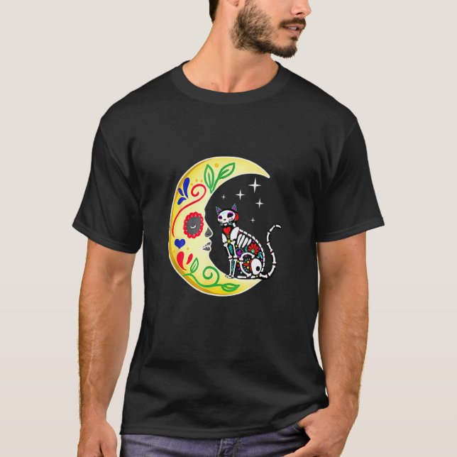 Cat Sugar Skull Mexico Calavera Moon Halloween T-Shirt (Front)