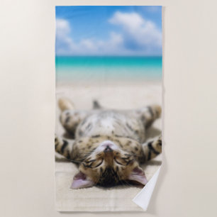 Cat Sunbathing at the Beach  Beach Towel