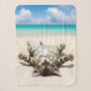 Cat Sunbathing at the Beach Sherpa Blanket