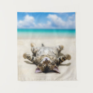 Cat Sunbathing at the Beach Tapestry