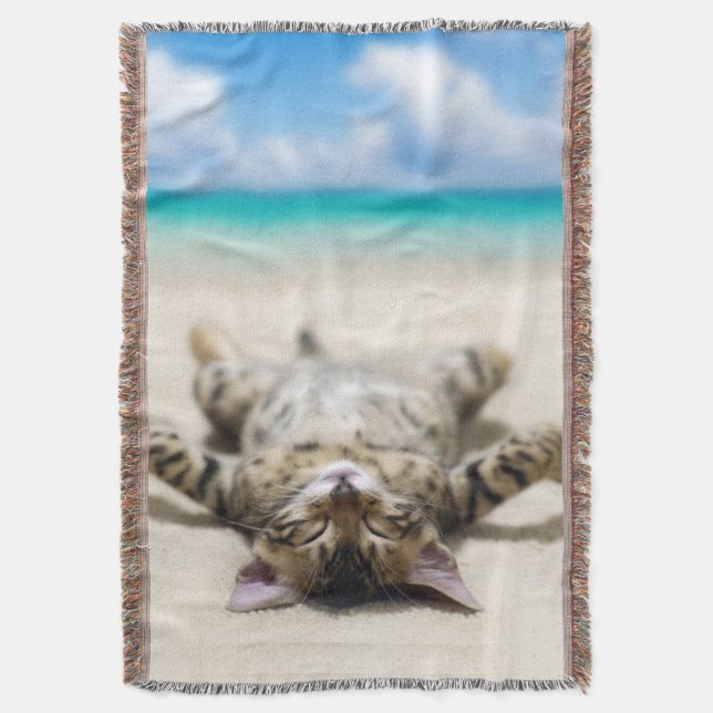 Cat Sunbathing at the Beach  Throw Blanket (Front Vertical)